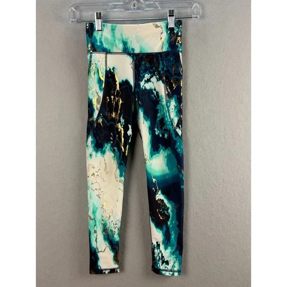 Old Navy PowerSoft Girls S 6-7 Teal Gold Marble High Rise Pocket Leggings